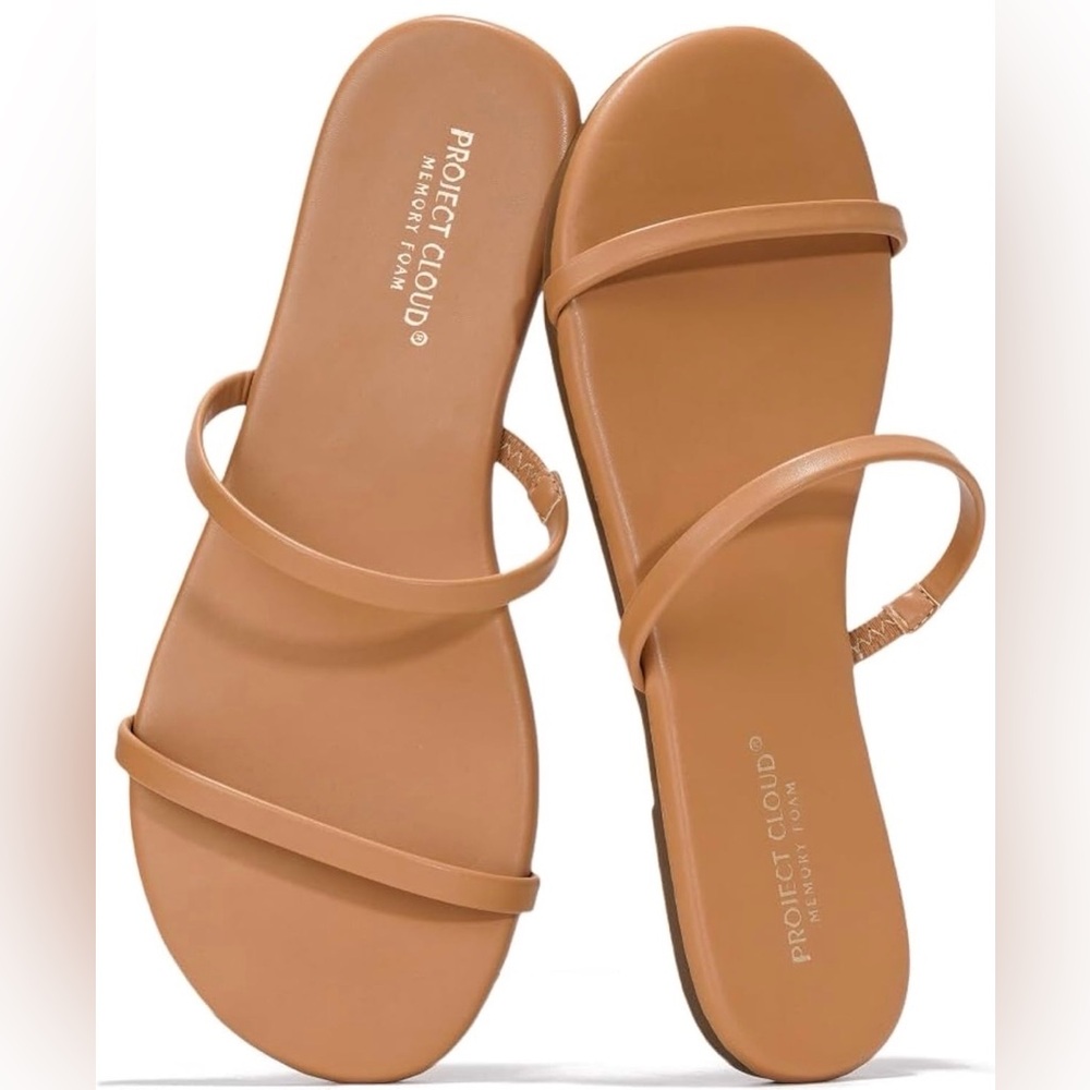NWT Project Cloud Tan Memory Foam Faux Leather Thin Strap Slides Sandals 11